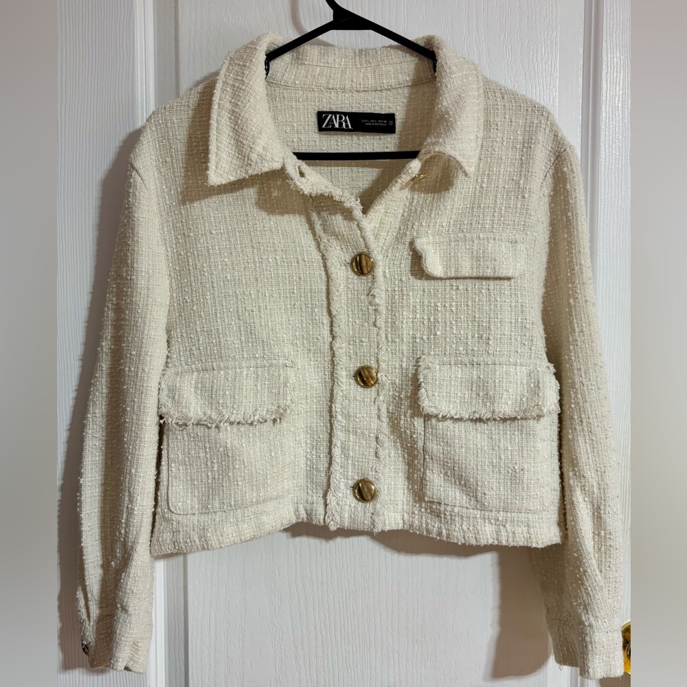 Zara Tweed Textured Gold Buttons Pockets Spring Cream Blazer Jacket Size Large - Picture 3 of 11